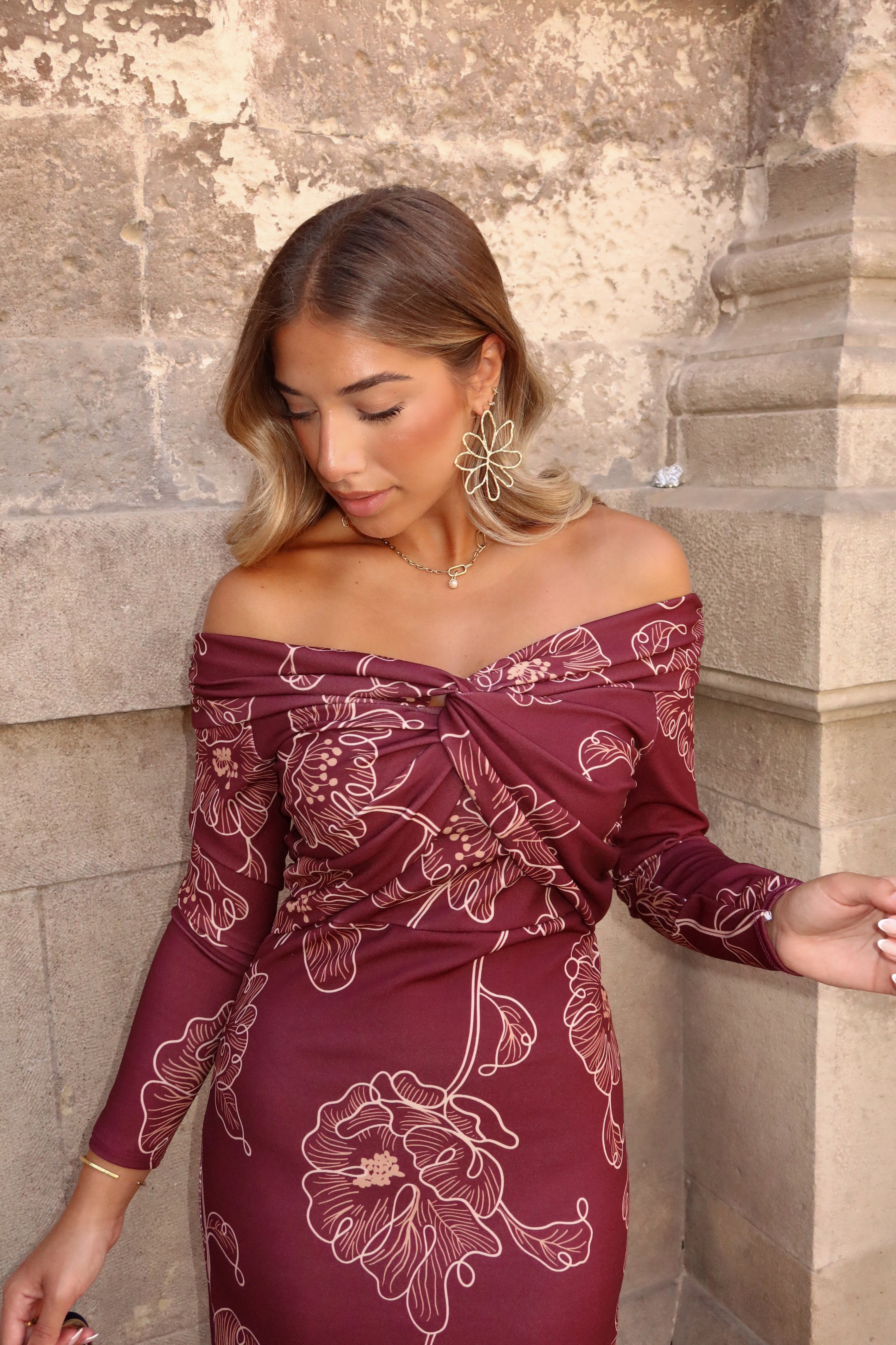 VESTIDO BARDOT ESTAMPADO GRANATE