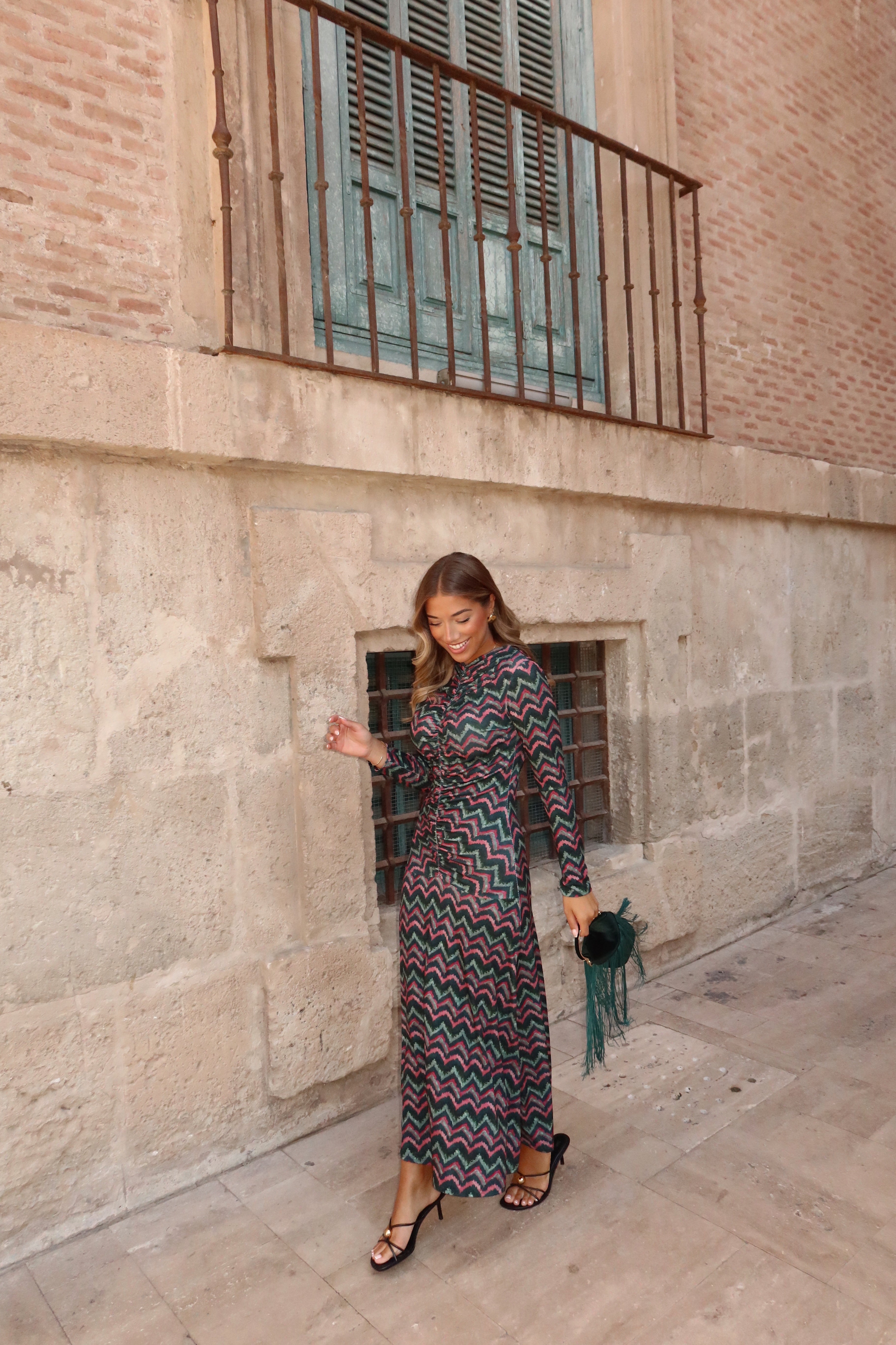 VESTIDO CUERPO DRAPEADO ZIGZAG VERDE