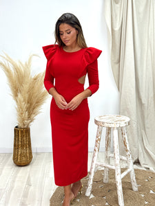 VESTIDO DETALLE HOMBRO ESPALDA ABIERTA ROJO