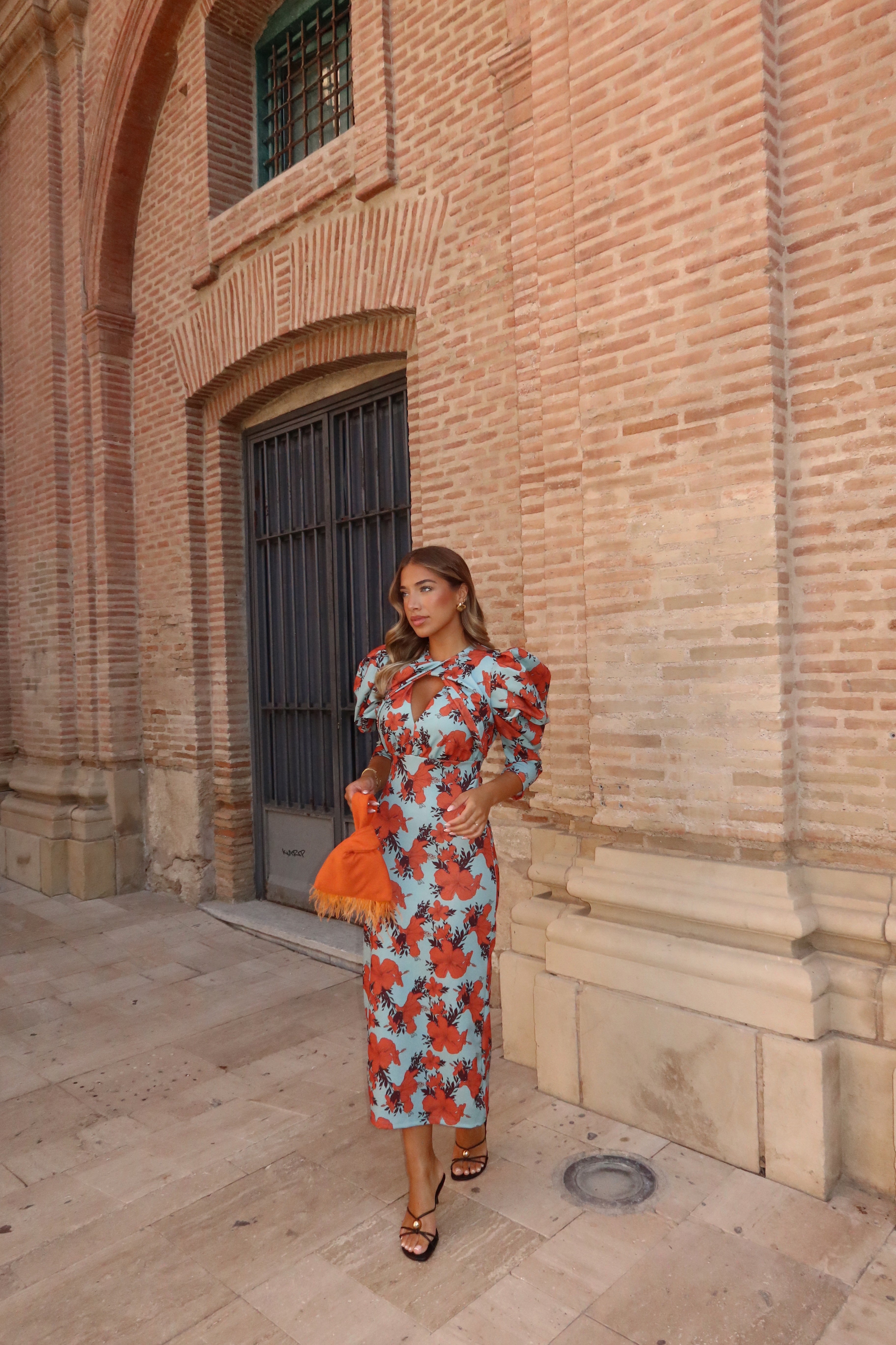 VESTIDO ESTAMPADO MANGAS ABULLONADAS CELESTE