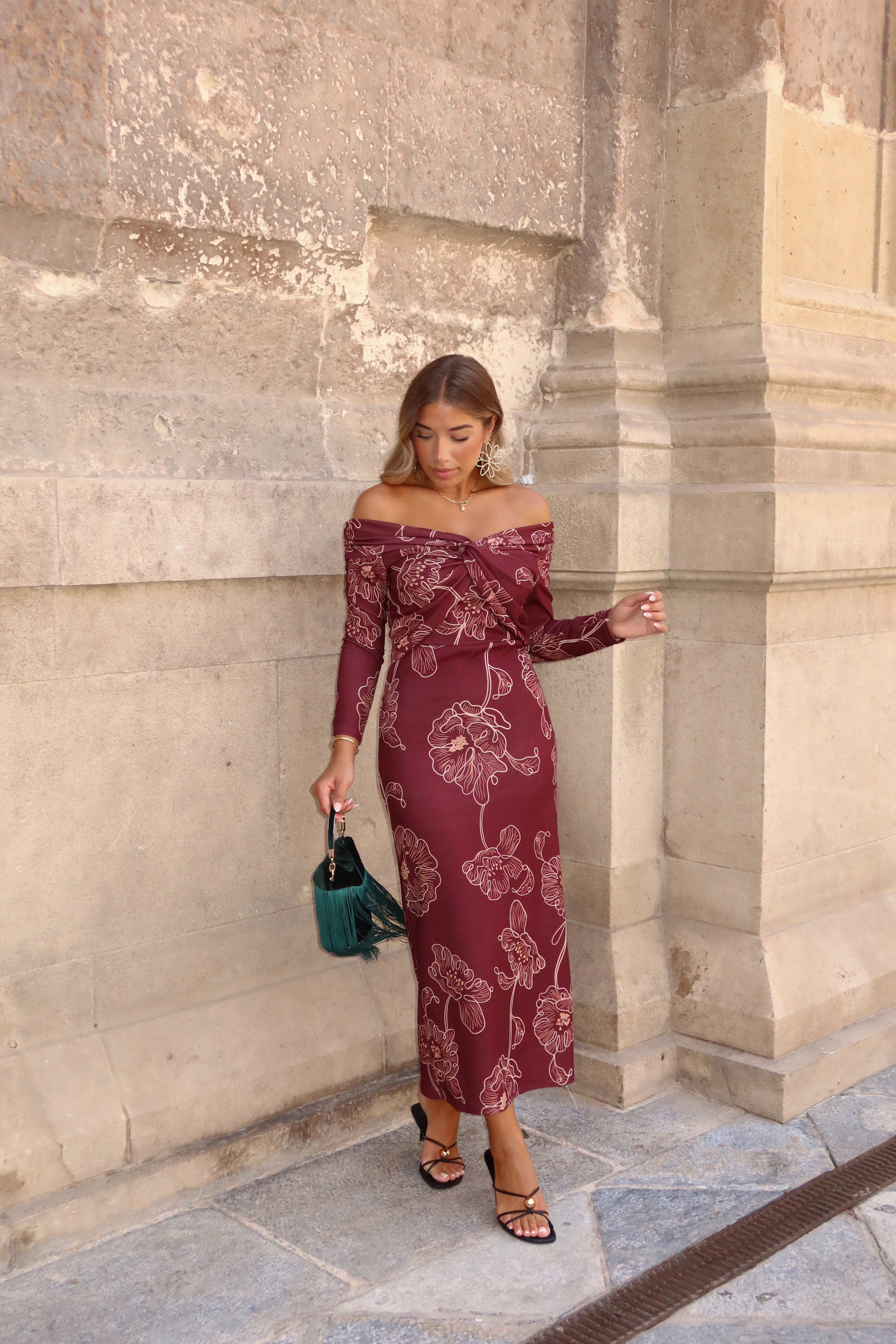 VESTIDO BARDOT ESTAMPADO GRANATE