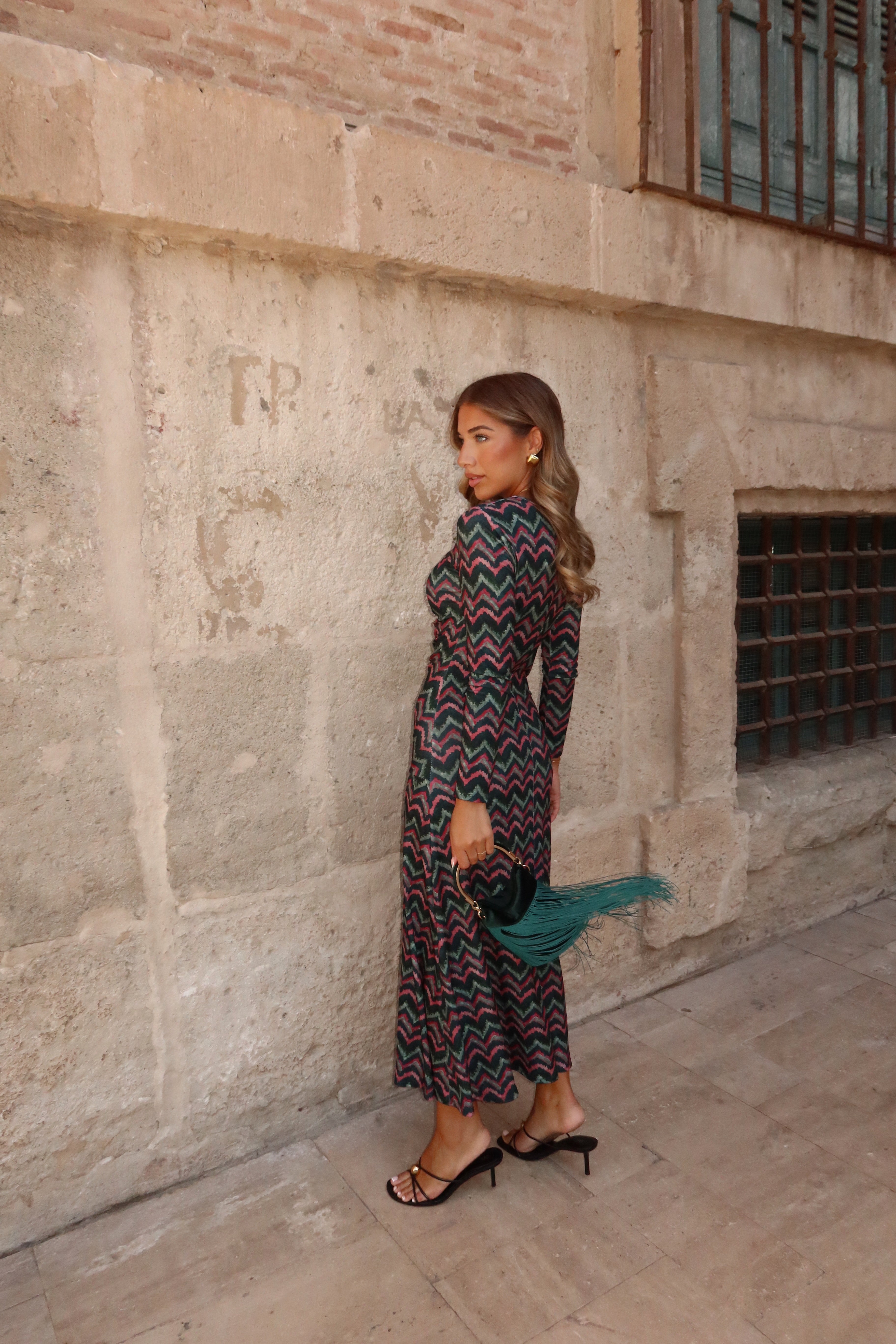 VESTIDO CUERPO DRAPEADO ZIGZAG VERDE