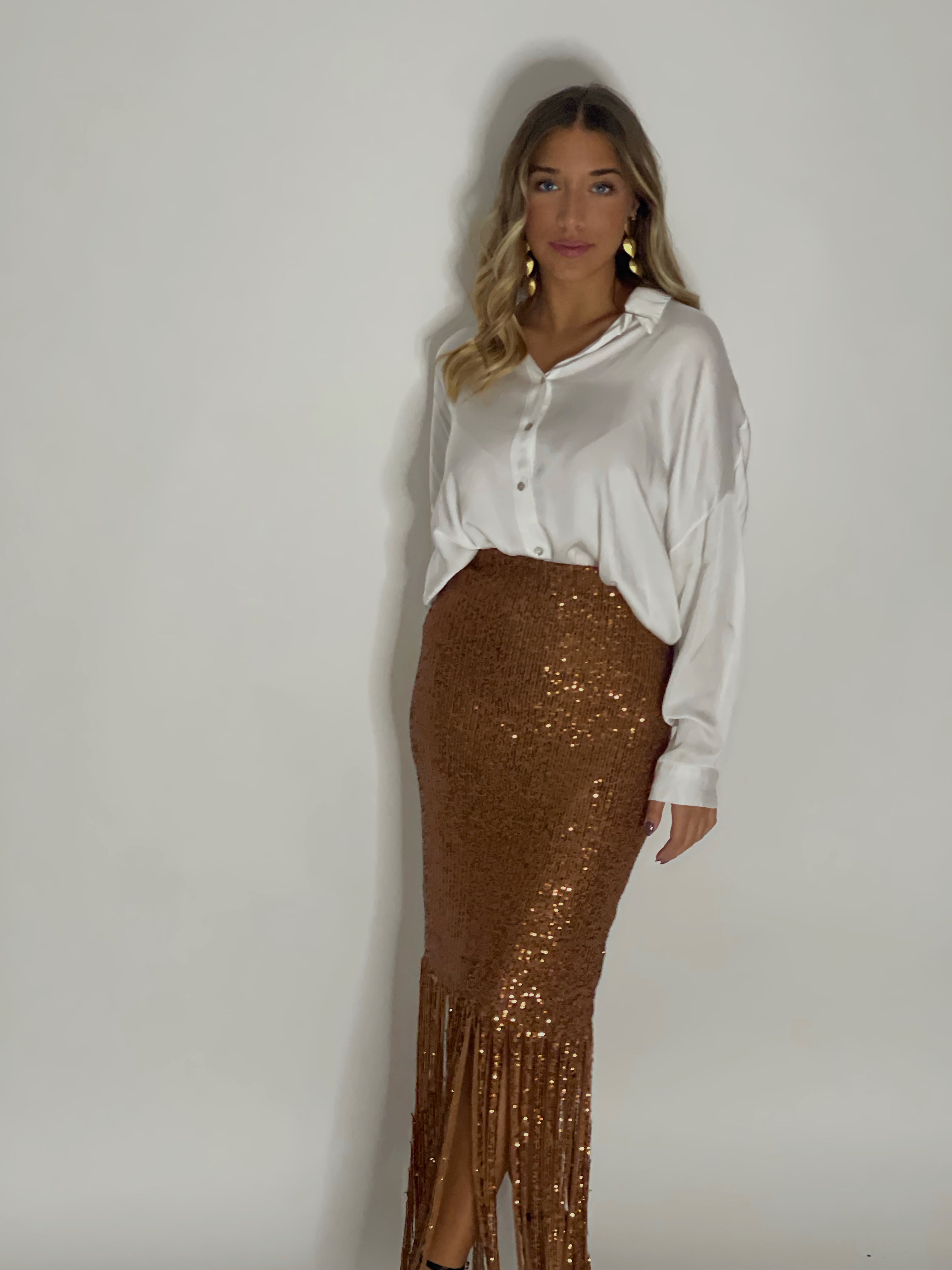 "LUNAR LUMINESCENCE TASSEL SKIRT" Oro Viejo