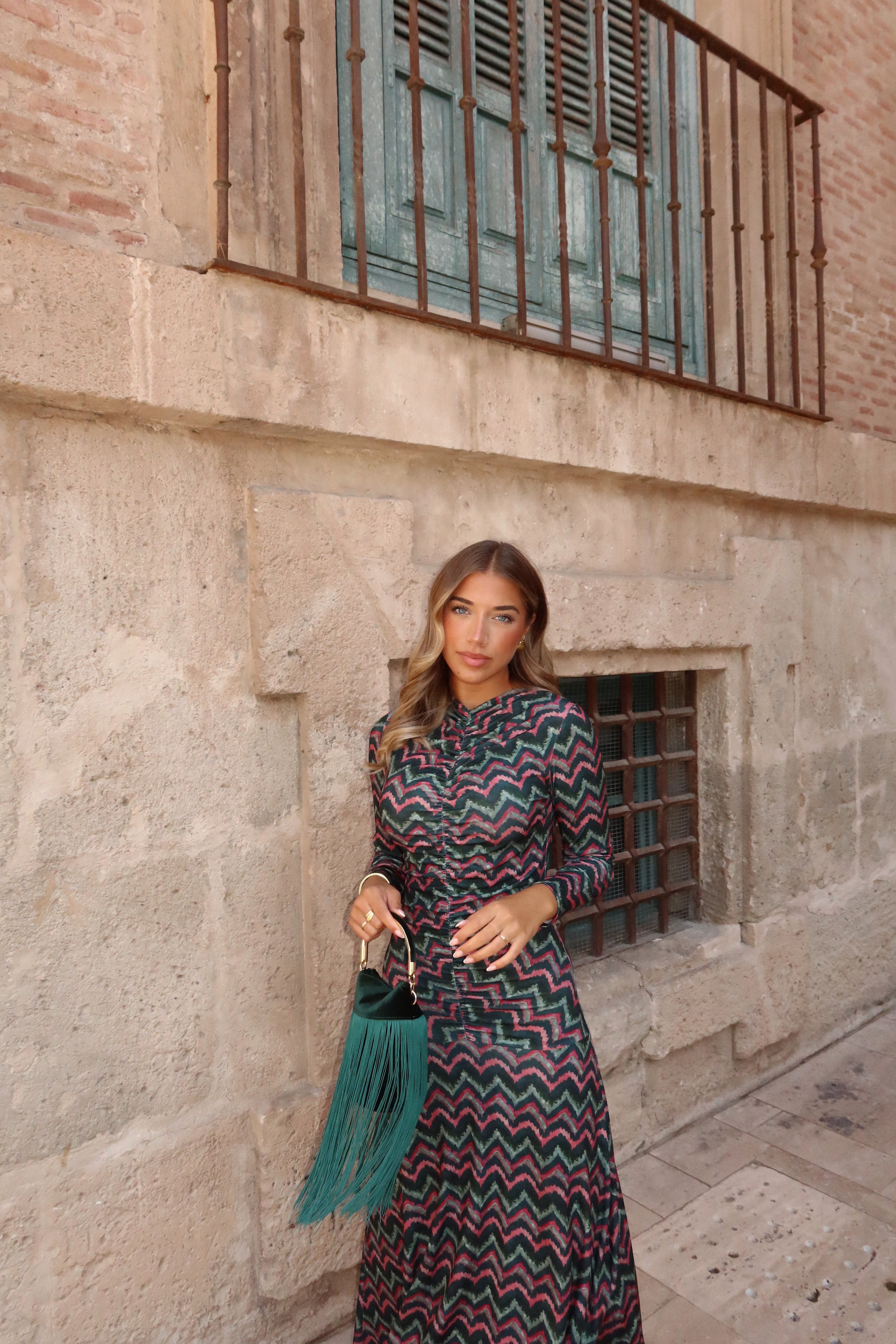 VESTIDO CUERPO DRAPEADO ZIGZAG VERDE