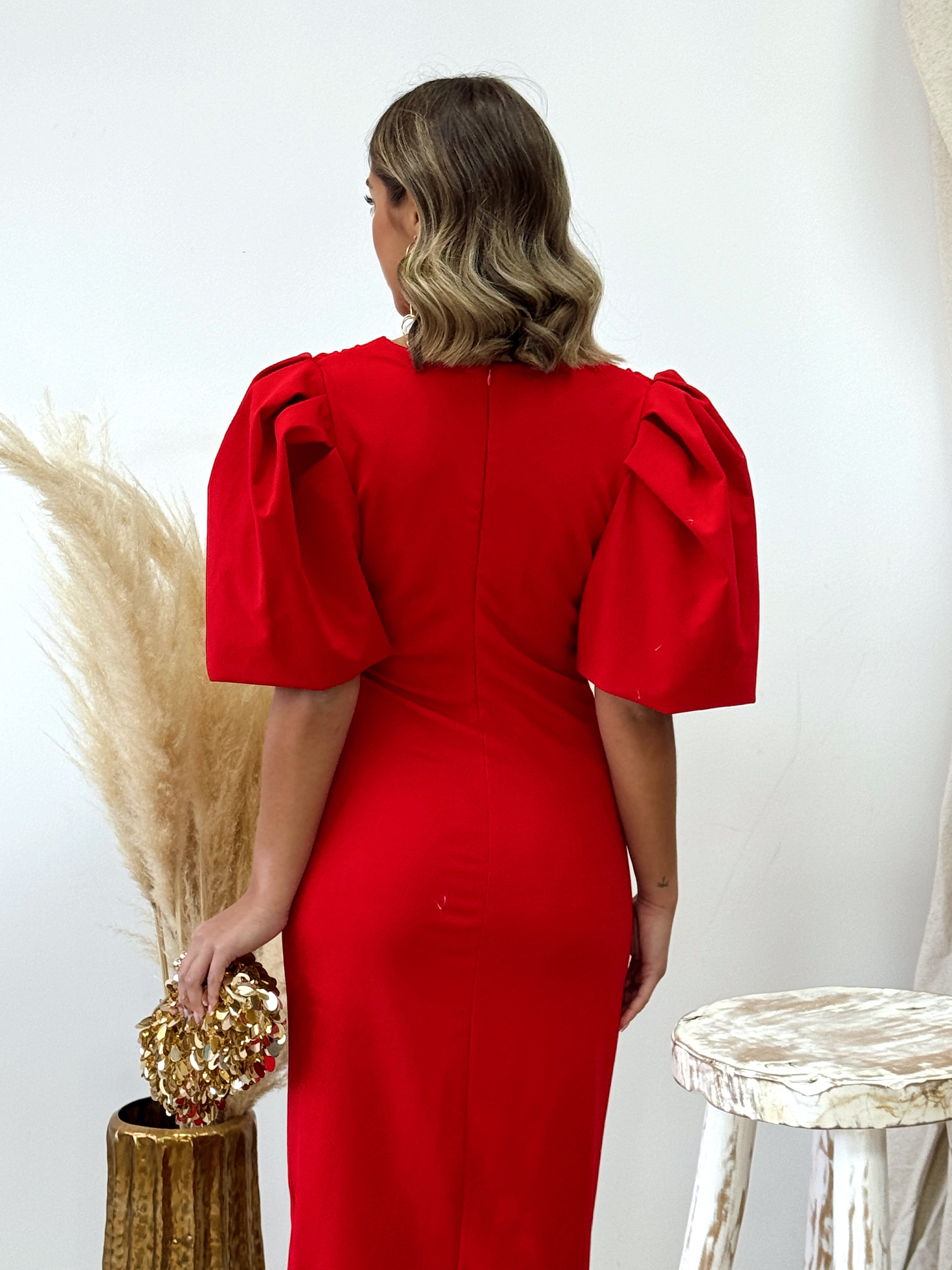 VESTIDO FAROLILLO DRAPEADO ROJO