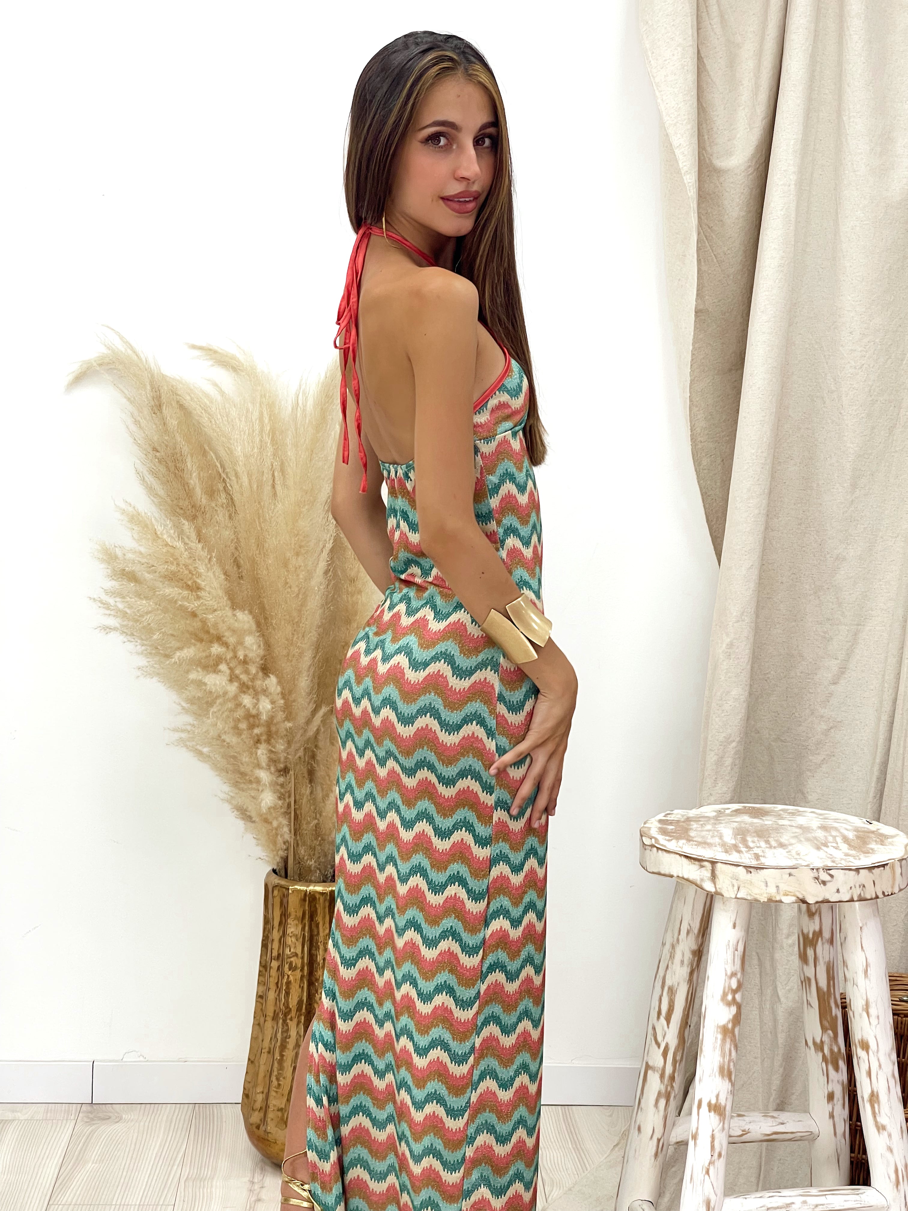 VESTIDO BRILLO ZIGZAG CORAL