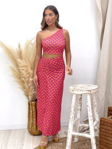VESTIDO ESTAMPADO CUT OUT FUCSIA